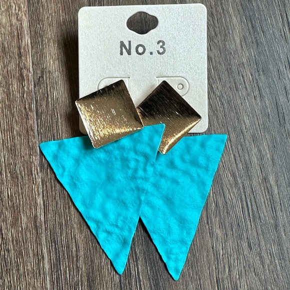 Turquoise statement earrings.  Metal. Triangle.  With gold top. - Picture 1 of 2